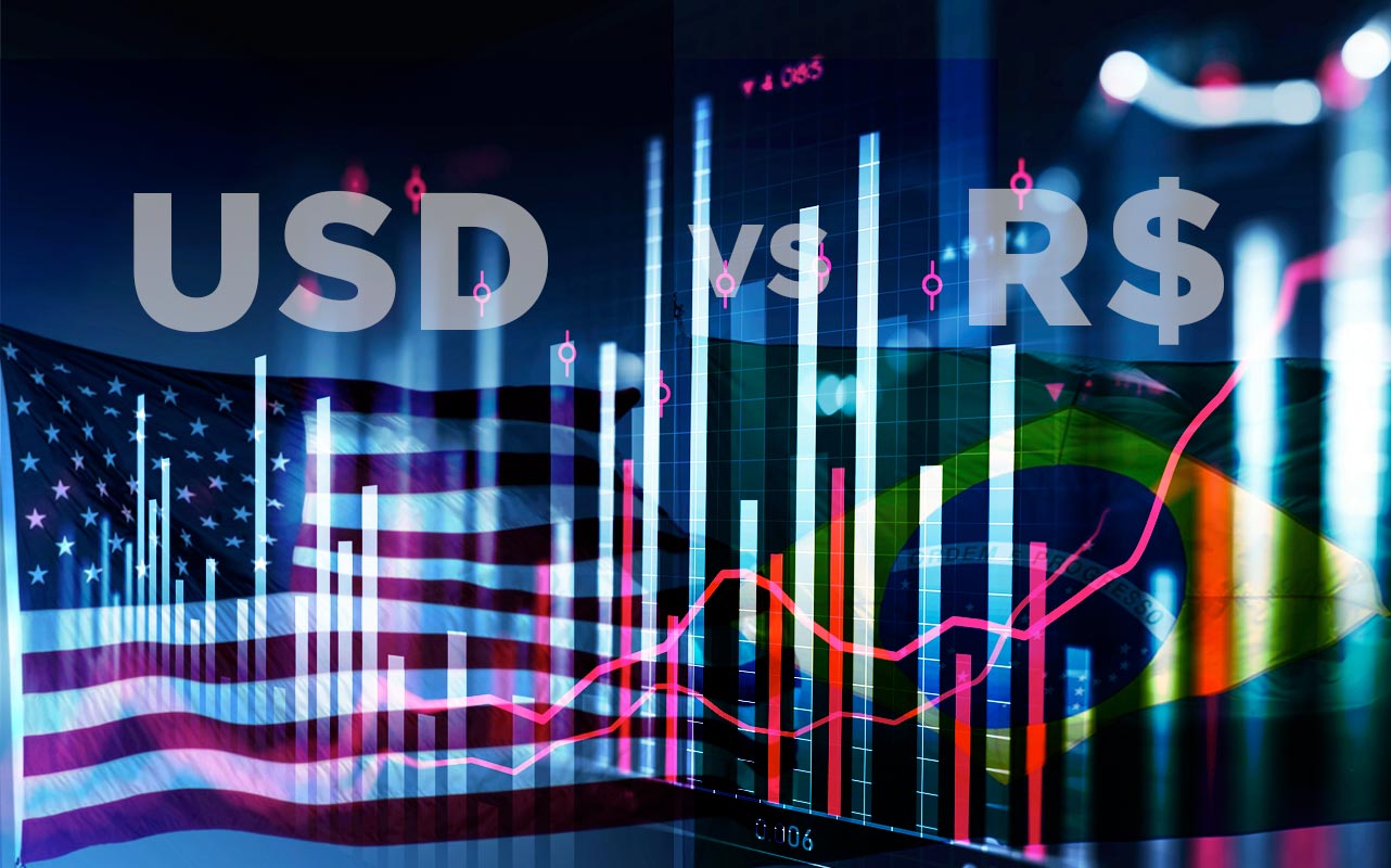 Imagem mostrando gráficos de barras e linhas sobrepostos às bandeiras dos EUA e do Brasil, representando a variação do dólar em relação ao real.